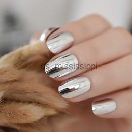 False Nails 24pcs Silver Medium Artificial Full Curved Nail Metal Oval Girls Fake Nails Mirror Cool False Nail With Glue Sticker x0826