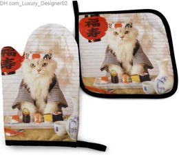 Sushi Cat Japanese Cute Funny Kitten Oven Mitts and Pot Holders Heat Resistant Oven Gloves Safe Cooking Baking Grilling Q230826