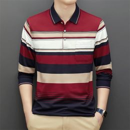 Mens Polos 95% Cotton Polo Shirt for Men Long Sleeve Autumn Casual Clothing Striped Fashion Shirts Korean Style 230825
