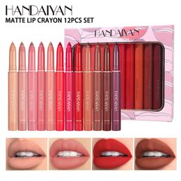 Lipstick Handaiyan 12Pcs Matte Waterproof Velvet Nude Lipstick Pencil Sexy Red Brown Pigments Makeup Long Lasting Profissional 230826