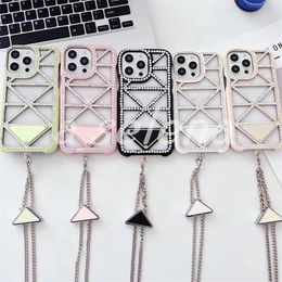 Designer Triangle Phone Case for iPhone 14 13 12 Pro Max Diamond Hollow Back Fashion Mobile Phone Cover with cross body Portable Chain