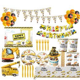 Other Event Party Supplies Engineering Theme Disposable Tableware Plate Cup Banner Excavator Crane Trucks Birthday Decorations Kids Favour 230825