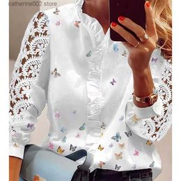 Women's T-Shirt Blusas Mujer Women's Long Sleeve Shirt Office Butterfly Print Elegant Top Ruffle Cut Out Top Street Clothes White Top T230826