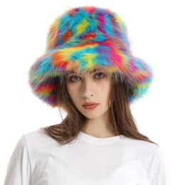 Wide Brim Hats Bucket Hats Y2k Fashion Winter Rainbow Color Faux Fur Bucket Hat Women Party Fluffy Thickened Soft Warm Panama Lady Outdoor Vacation Hat 230825