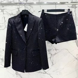 Womens Suit jacket + shorts 2 suits Fall Winter Turn Down Collar Double Breasted Metal Buttons Slim Blazer Tweed Shorts Set Women
