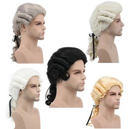Cosplay Wigs Grey White Black Lawyer Judge Baroque Curly Male Costume Wigs Deluxe Historical Halloween Long Synthetic Cosplay Wig Wig Cap 230826