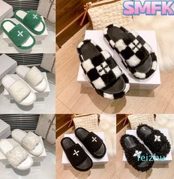 designer slippers Compass Bumper Baroque Style Shearling Slipper chessboard white black green luxury flat women shoes top womens sandal