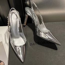 Dress Shoes Shiny High Heels Slingback Silver Women Pumps Metallic Crystal Sandals Pointy Toe Stiletto Heeled Shoes Party Dress Shoes Woman 230825