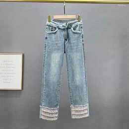 Women's Jeans Heavy Industry Denim Straight-Leg Pants Female 2023 Spring Stretchy Washed Blue Girls Diamond Beaded Cropped