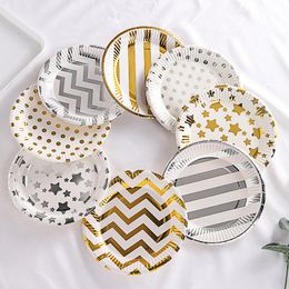 Other Event Party Supplies 10Pcs Disposable Tableware Banquet Dot Stripe Star Paper Plate Table Decoration for Wedding Birthday 230825