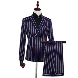 Men s Suits Blazers Business Double Striped Dress Suit Men Breasted Mens Navy Blue Blazer Jacket With Pants Grooms Singer Host DJ Homme 230826