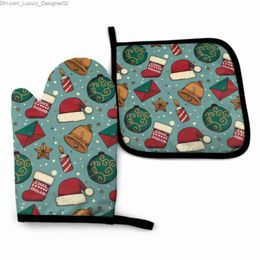 Christmas Hats and Stocking Oven Mitt and Pot holder Set Heat Resistant Kitchen Gloves with Inner Cotton Layer for Cooking BBQ Q230826