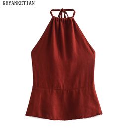 Women's Tanks Camis KEYANKETIAN Summer Linen Texture Backles's Halter Top Zipper Lnner Style Holiday Sexy Lace Up Corset Smock Sleeveless 230825