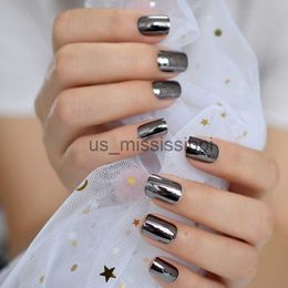 False Nails Dark Smoky Grey Reflective Mirror Metal Plating False French Acrylic Nail Tips Punk Metallic Square Fake Nails With Glue Sticker x0826