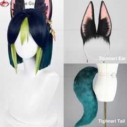 Cosplay Wigs Game Genshin Impact Sumeru Tighnari Cosplay Wig Tighnari 30cm Kort värmebeständigt syntetiskt hår Halloween Party Wigs Wig Cap 230826