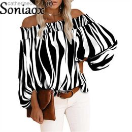 Women's T-Shirt Sexy Off Shoulder Stripe Print Chiffon Shirt Women Fashion One Neck Lantern Long Sleeve Pullover Tops Street Vintage Lady Blouse T230826