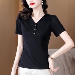Women's T Shirts 2023 Summer Black Silk Solid Short Sleeve Top Waist V-Neck Shirt Korean Edition Covering Belly Western T-shirt