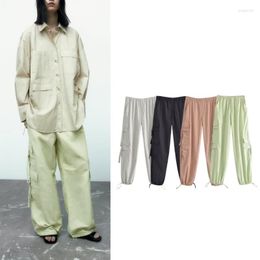 Women's Pants Spring And Summer Elastic Waist Loose Patch Pocket Decorative Strap Nylon Umbrella Straight Overalls