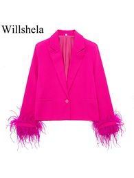 Womens Suits Blazers Willshela Women Fashion With Feather Rose Red Single Button Blazer Vintage Notched Neck Long Sleeves Female Chic Lady Outfits 230826