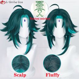 Cosplay perucas jogo genshin impacto cosplay xiao peruca 40cm curto cabelo verde com adesivos anel resistente ao calor perucas de festa sintética peruca boné 230826