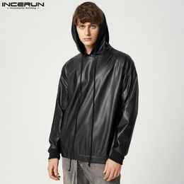 Mens Hoodies Sweatshirts INCERUN Fashion Men PU Leather Hooded Long Sleeve Streetwear Solid Colour Punk Casual Pullover 5XL 7 230826