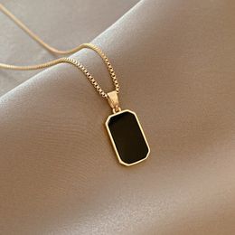 Minimalist Square Pendant Korean Black Enamel Women's Gold Color Vintage Necklace Exquisite Long Jewelry Gift Wholesale YMN017