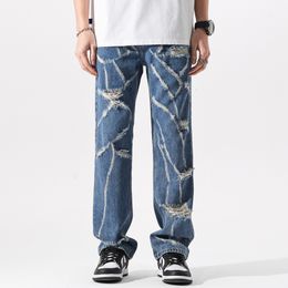 Mens Jeans Blue Holes Vintage Slim Fit Destroyed Pleated Straight Washed Torn Pant Hip Hop Biker Male Denim Trousers 230825
