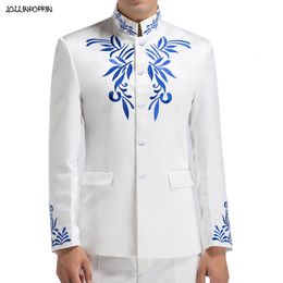 Men's Suits Blazers Chinese Style Floral Embroidery Patterns Mens Stand Collar Suit Jacket Tang Tunic Jacket Men Wedding Jacket Embroideried Coat 230825