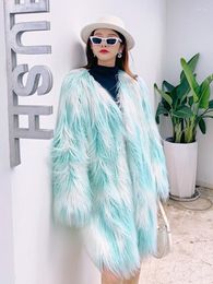 Women's Fur ZADORIN Winter Jackets For Women 2023 Long Fluffy Faux Coat V Neck Green And White Sheep Jacket Luxury Tops