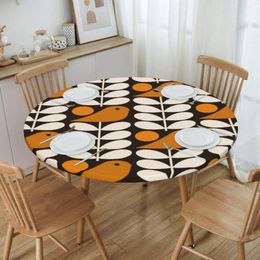 Oilproof autumn round tablecloth with Multistem Birds Design in Black, White, and Orange - Fits 45-50 inch Tables, Backed with Elastic Edge