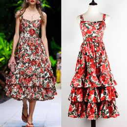 Basic Casual Dresses High Quality Summer Fashion Red Rose Print Lotus Leaf Side Cascading Cake Type Sexy Harness Beach Style Women Dress 230825