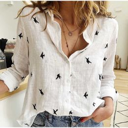Women's Blouses Shirts Women's bird print shirt women's long sleeve top 35% cotton office casual loose top large 5XL 2023 T230825