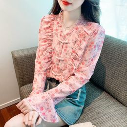 Women's Blouses Red Flower Print Ruffled Chiffon Shirt Long Sleeve Blouse 2023 Floral Top Summer Fall V Neck Buttons Shirts