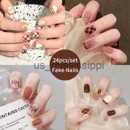 False Nails 24pcs Pink Fake Nails Set Press on Nail Designs Art Short Tips False with Glue Stick on Stickers Reusable Acrylic Artificial x0826