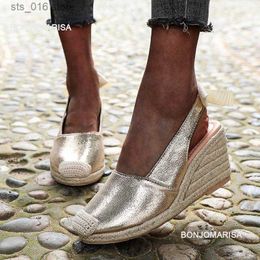 Sapatos de vestido Cunhas Sandálias para Mulheres Moda Fechada Toe Bandage Espadrille Plataforma Elegante Slingback Sapatos de Verão Lace Up Gold Metallic T230826