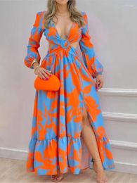 Party Dresses Floral Printed Maxi Dress Women 2023 Summer Long Lantern Sleeve Sexy Cutout V-Neck Twist Fashion Elegant Tie Dyed Slit