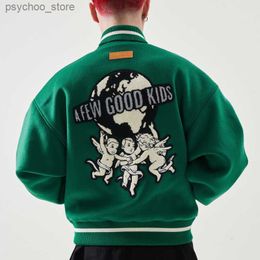 Angels Pattern Embroidery Varsity Jacket Men HipHop High Street Man Woman Unisex Loose Bomber Jacket Fall Retro Q230826