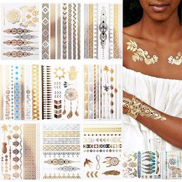 Temporary Tattoos 12 Sheets Metallic Gold Boho Waterproof Flash Fake Tattoo Sticker Designs for Women Girls 230825