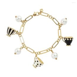 Link Bracelets Boho Handmade Teacup Bracelet Enamel Tea Cup Charms For Jewellery Making Cute Pearl Pendant Hollow Hand Chains Women Jewellery