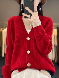 Womens Knits Tees Autumn Winter Women Thick Cardigans 100% Merino Wool Sweater Warm Casual Vneck Twist Cashmere Knitted Coat Korean Fashion Tops 230826