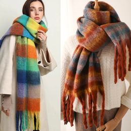 Scarves Women Plaid Scarf Winter Pashmina Shawls Cashmere Thick Wraps Lady Tassel Warm Rainbow Hairy Bufanda 230825