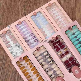 False Nails 24PCS Fake Nails Reusable Stick On Nails Press on Full Cover False Nail Tips with Jelly Stickers Makeup Accessories x0826