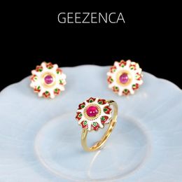 Pendants Geezenca S Sier Red Corundum Enamel Jewellery Sets Stud Earrings Ring for Women Vintage Trendy Fine Jewellery 2021 New Gift