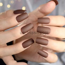 False Nails Chocolate Brown Fake Nails Matte Frost Full Nails Long Square Nail Art Decoration Tips with Glue Sticker in 10 sizes x0826