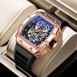 Wristwatches Brand Men's Watch Fashion Automatic Movement Barrel Luminous Waterproof Clock Sports Male's Silicone Strap Quartz Wristwatch 230825