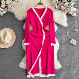 Casual Dresses Women's Spring And Autumn Korean Sweater Dress V-Neck Slim Fit Single Breasted Collar Colour Block A-Line Knitted Z2267