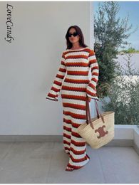 Basic Casual Dresses Contrast Striped Knitted Cotton Women Fashion O Neck Long Sleeve Slim Backless Maxi Dress Lady Bodycon Vestidos 230826