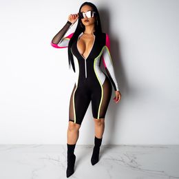 Women's Jumpsuits Rompers Spring Sexy Mesh Splicing Playsuit Womens Streetwear Front Zipper Long Sleeve Shorts Jumpsuit Bodycon Overalls 230825