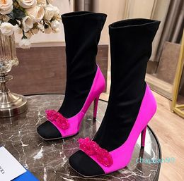 Satin Stretch Suede Stiletto Heels Ankle boots crystal beaded decorative square toe side zipper fashion boots Women's Luxury Designer Factory Footwear