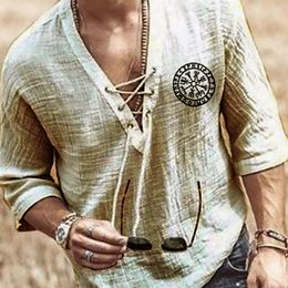 Men's T Shirts Men Tee Shirt Solid Tops Pullover V Neck Lace-up Loose Top Summer Holiday Beach Casual Half Sleeve Linen